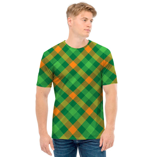 Green And Orange Buffalo Plaid Print Men's T-Shirt
