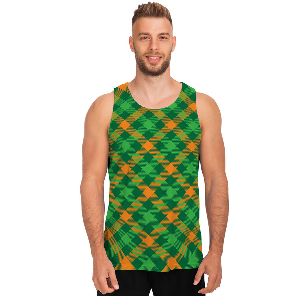 Green And Orange Buffalo Plaid Print Men's Tank Top