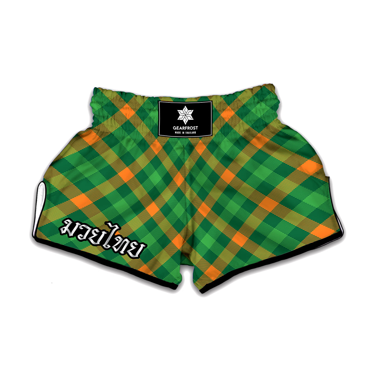 Green And Orange Buffalo Plaid Print Muay Thai Boxing Shorts
