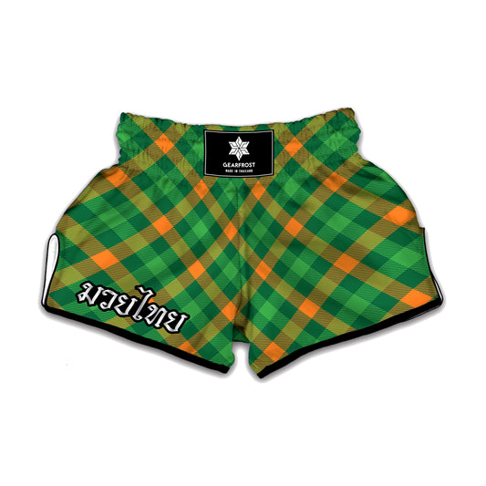 Green And Orange Buffalo Plaid Print Muay Thai Boxing Shorts