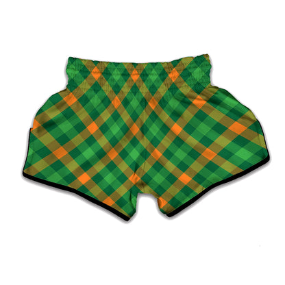 Green And Orange Buffalo Plaid Print Muay Thai Boxing Shorts