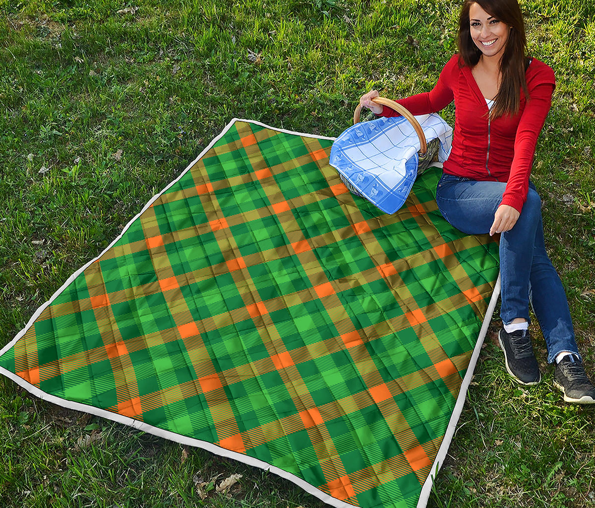 Green And Orange Buffalo Plaid Print Quilt