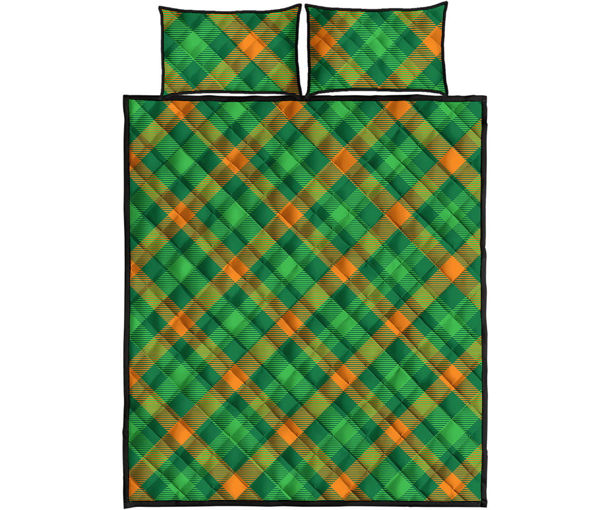 Green And Orange Buffalo Plaid Print Quilt Bed Set