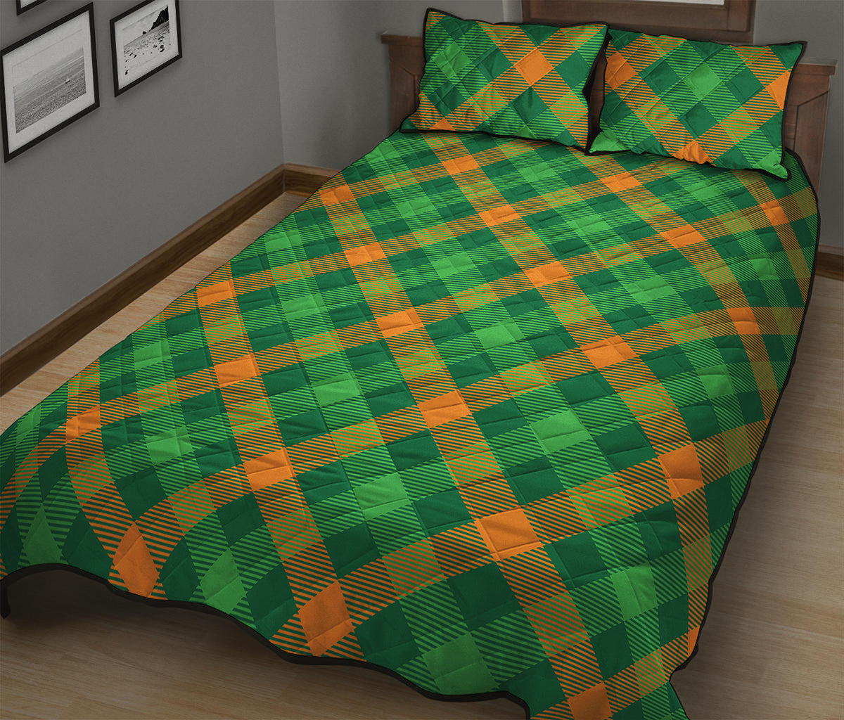 Green And Orange Buffalo Plaid Print Quilt Bed Set