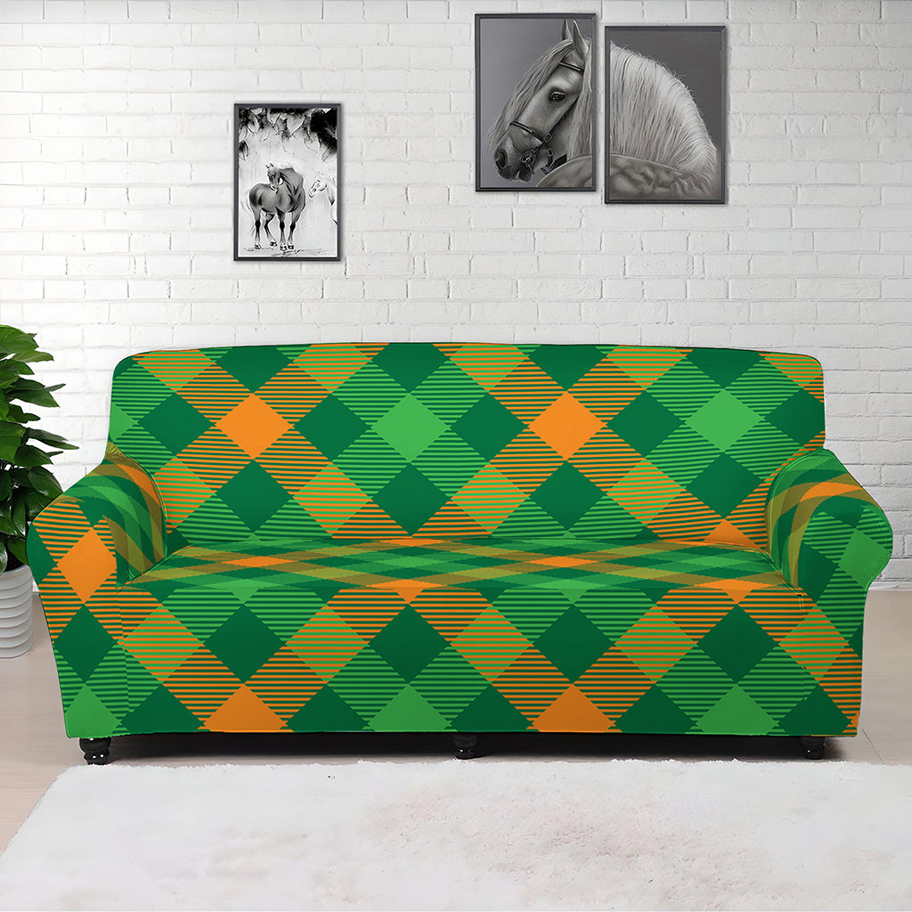 Green And Orange Buffalo Plaid Print Sofa Cover