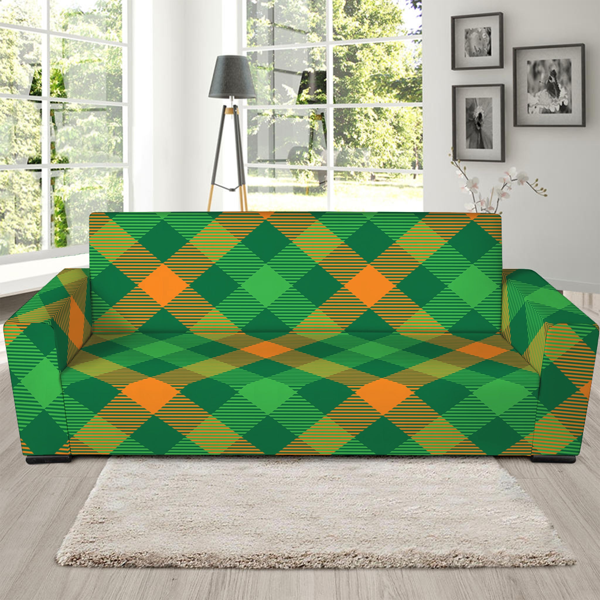 Green And Orange Buffalo Plaid Print Sofa Slipcover