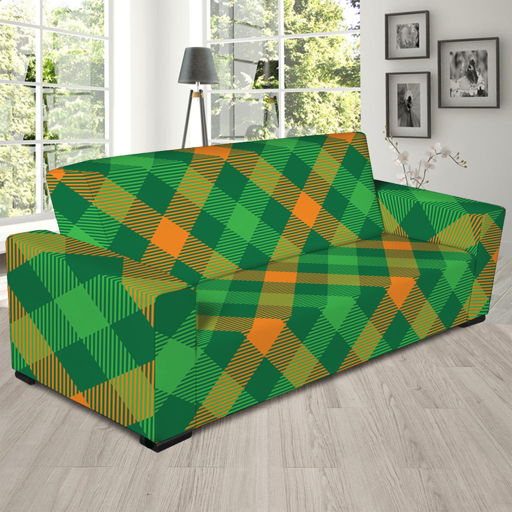 Green And Orange Buffalo Plaid Print Sofa Slipcover