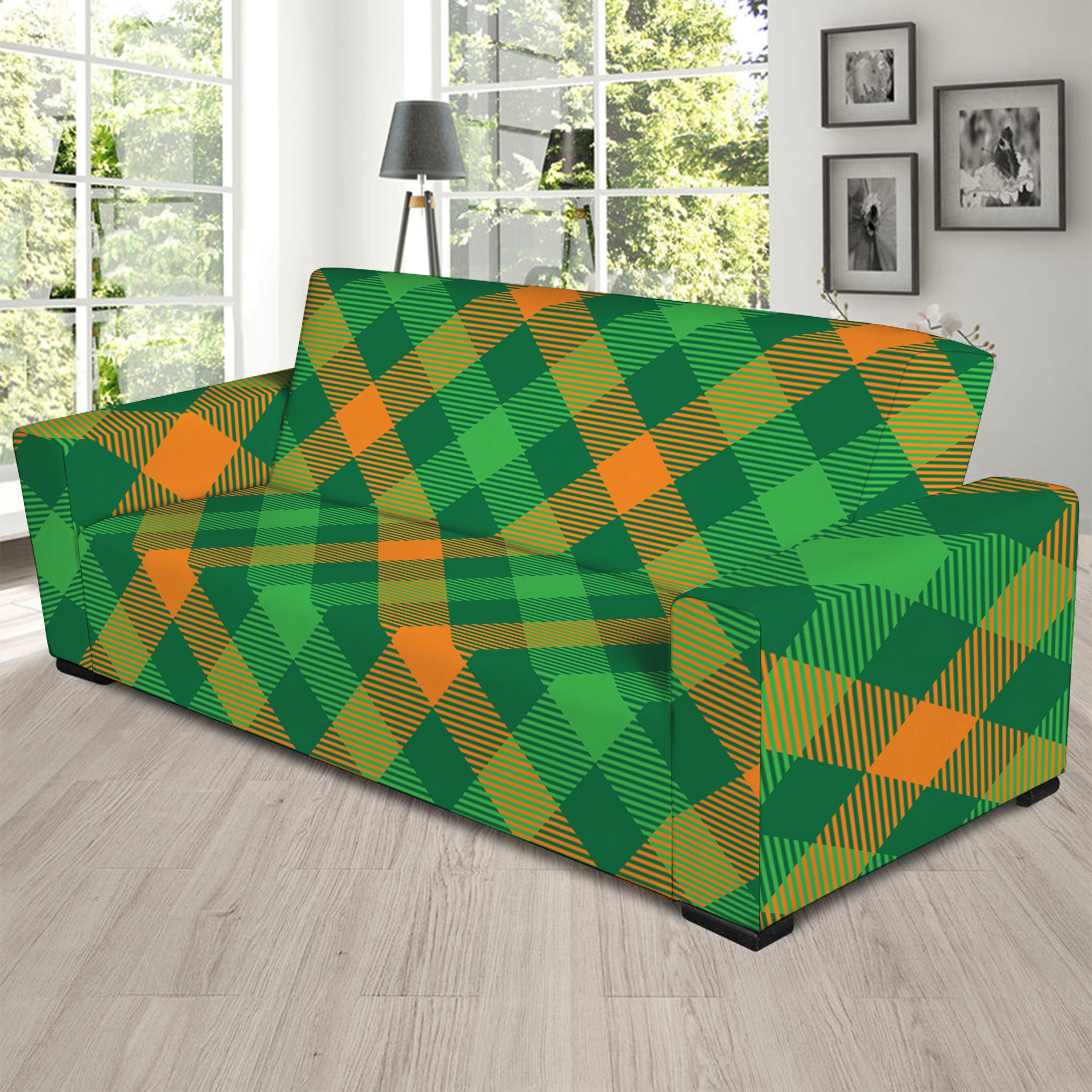 Green And Orange Buffalo Plaid Print Sofa Slipcover