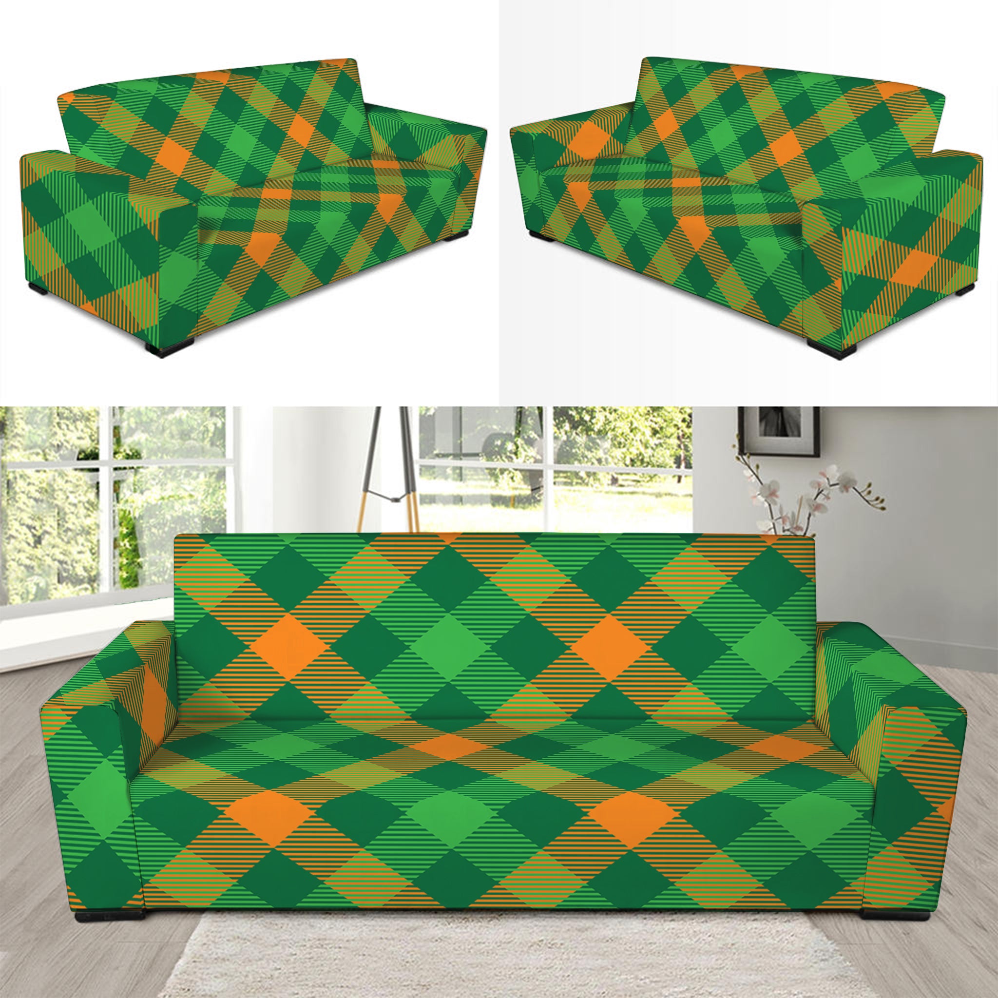 Green And Orange Buffalo Plaid Print Sofa Slipcover