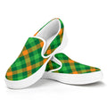 Green And Orange Buffalo Plaid Print White Slip On Sneakers