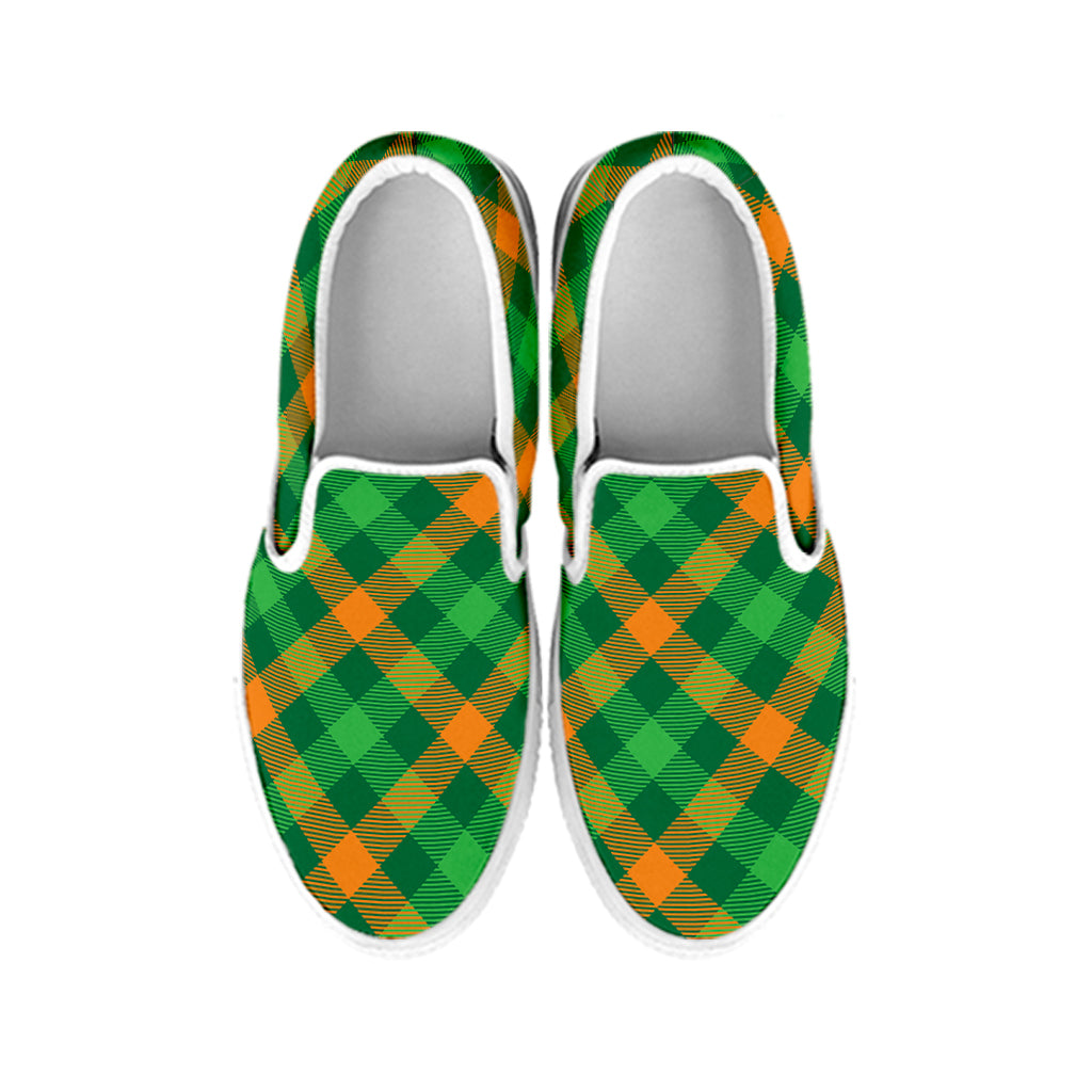 Green And Orange Buffalo Plaid Print White Slip On Shoes