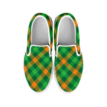 Green And Orange Buffalo Plaid Print White Slip On Shoes