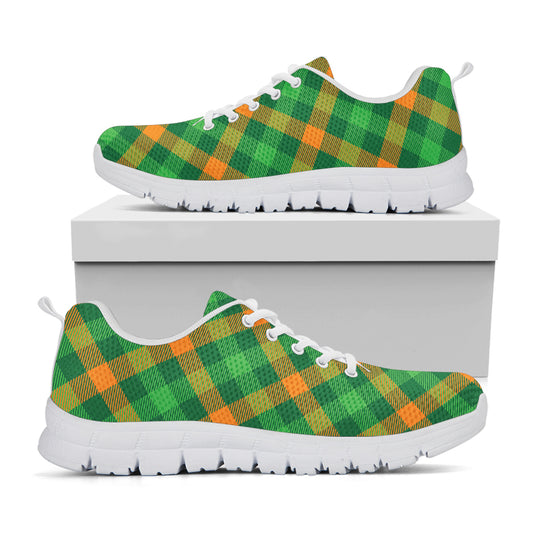 Green And Orange Buffalo Plaid Print White Sneakers