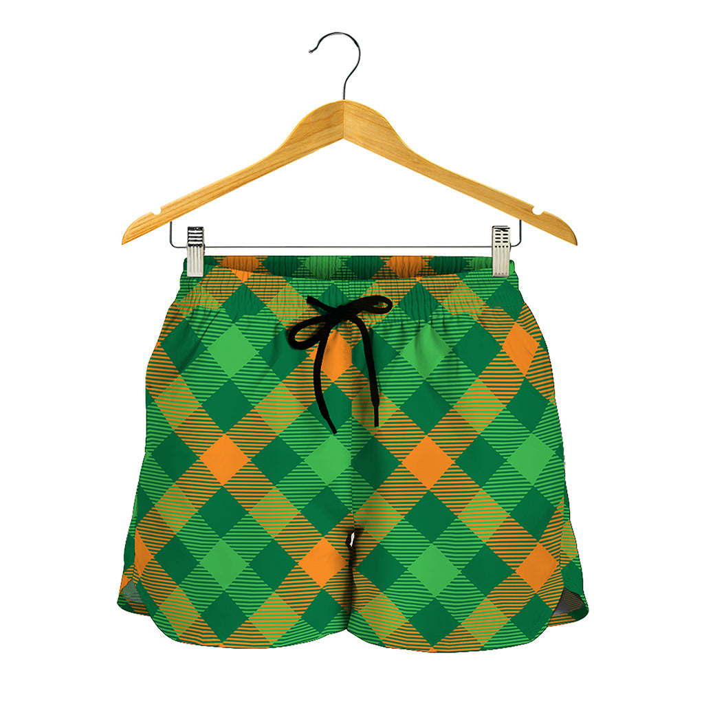 Green And Orange Buffalo Plaid Print Women's Shorts