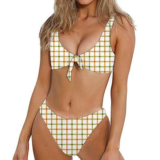 Green And Orange Tattersall Print Front Bow Tie Bikini