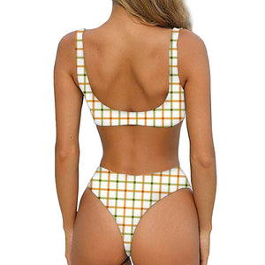 Green And Orange Tattersall Print Front Bow Tie Bikini