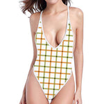 Green And Orange Tattersall Print One Piece High Cut Swimsuit