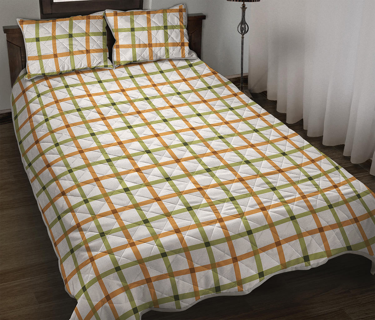 Green And Orange Tattersall Print Quilt Bed Set