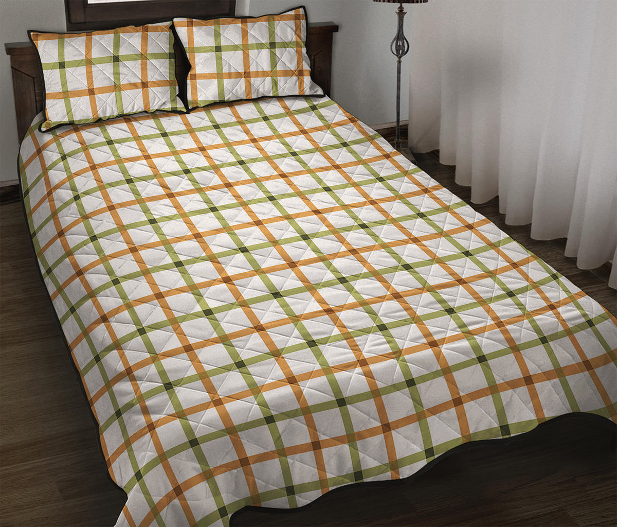 Green And Orange Tattersall Print Quilt Bed Set