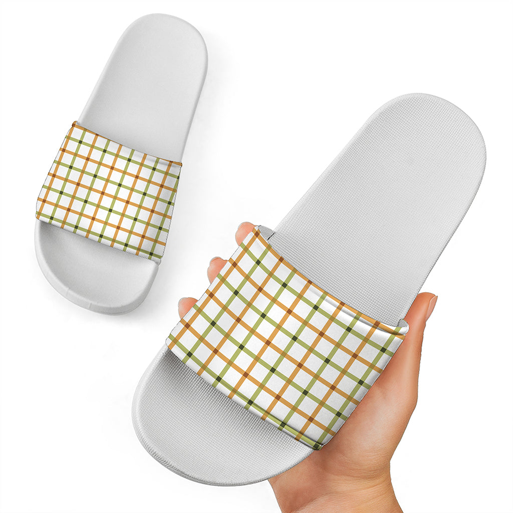 Green And Orange Tattersall Print White Slide Sandals