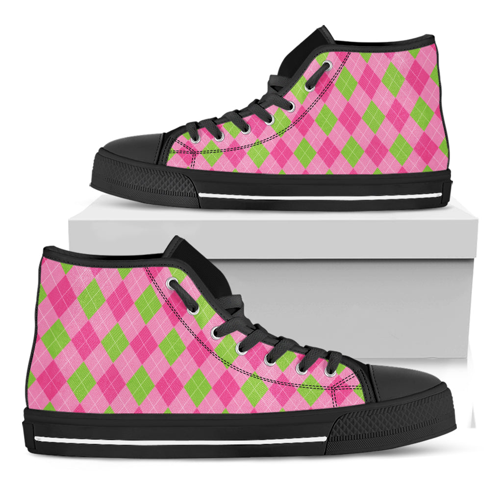 Green And Pink Argyle Pattern Print Black High Top Shoes