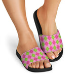 Green And Pink Argyle Pattern Print Black Slide Sandals