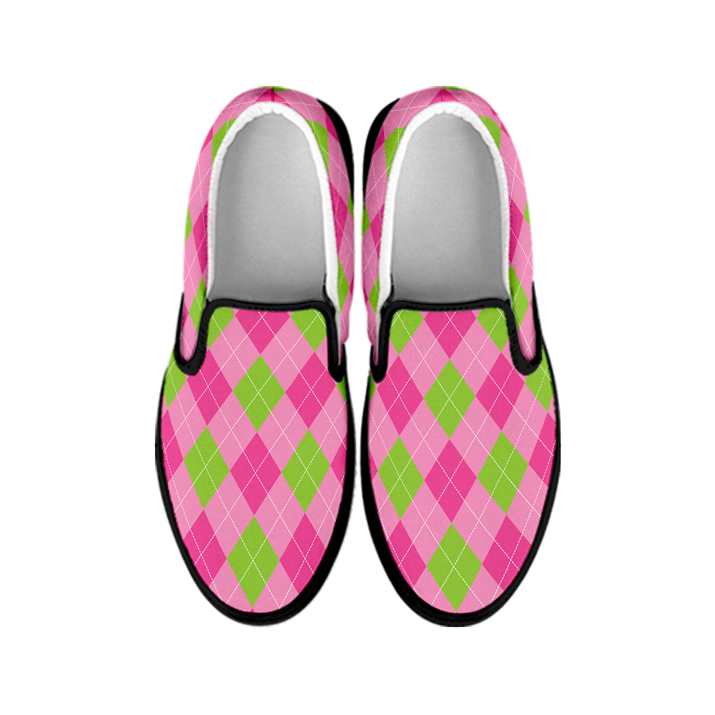 Green And Pink Argyle Pattern Print Black Slip On Shoes