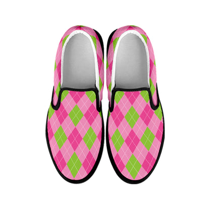 Green And Pink Argyle Pattern Print Black Slip On Shoes