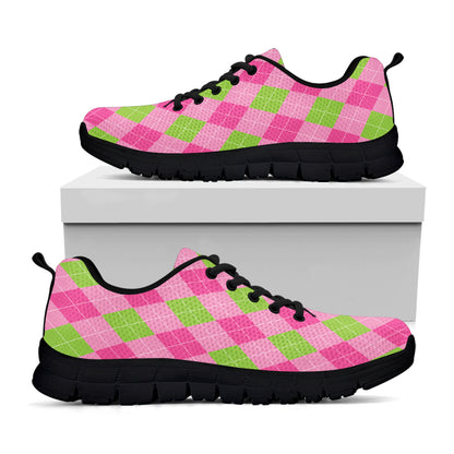 Green And Pink Argyle Pattern Print Black Sneakers
