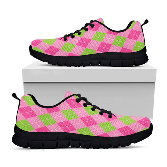 Green And Pink Argyle Pattern Print Black Sneakers