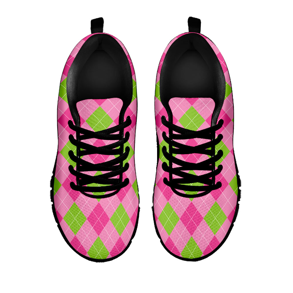 Green And Pink Argyle Pattern Print Black Sneakers