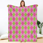 Green And Pink Argyle Pattern Print Blanket