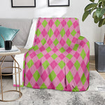 Green And Pink Argyle Pattern Print Blanket