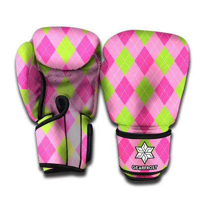 Green And Pink Argyle Pattern Print Boxing Gloves