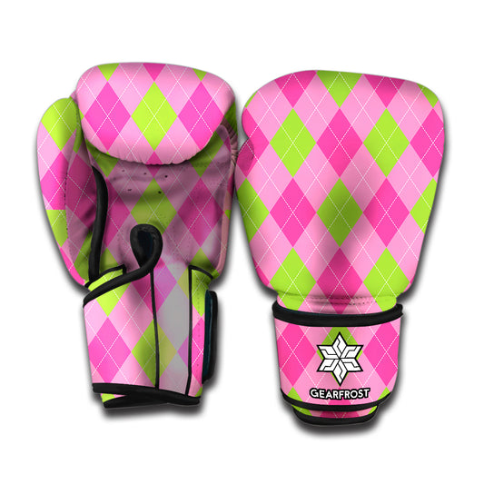 Green And Pink Argyle Pattern Print Boxing Gloves