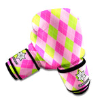Green And Pink Argyle Pattern Print Boxing Gloves