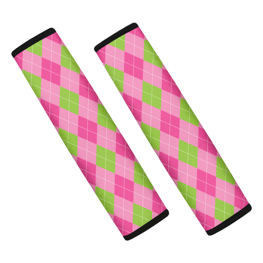 Green And Pink Argyle Pattern Print Car Seat Belt Covers