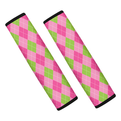 Green And Pink Argyle Pattern Print Car Seat Belt Covers