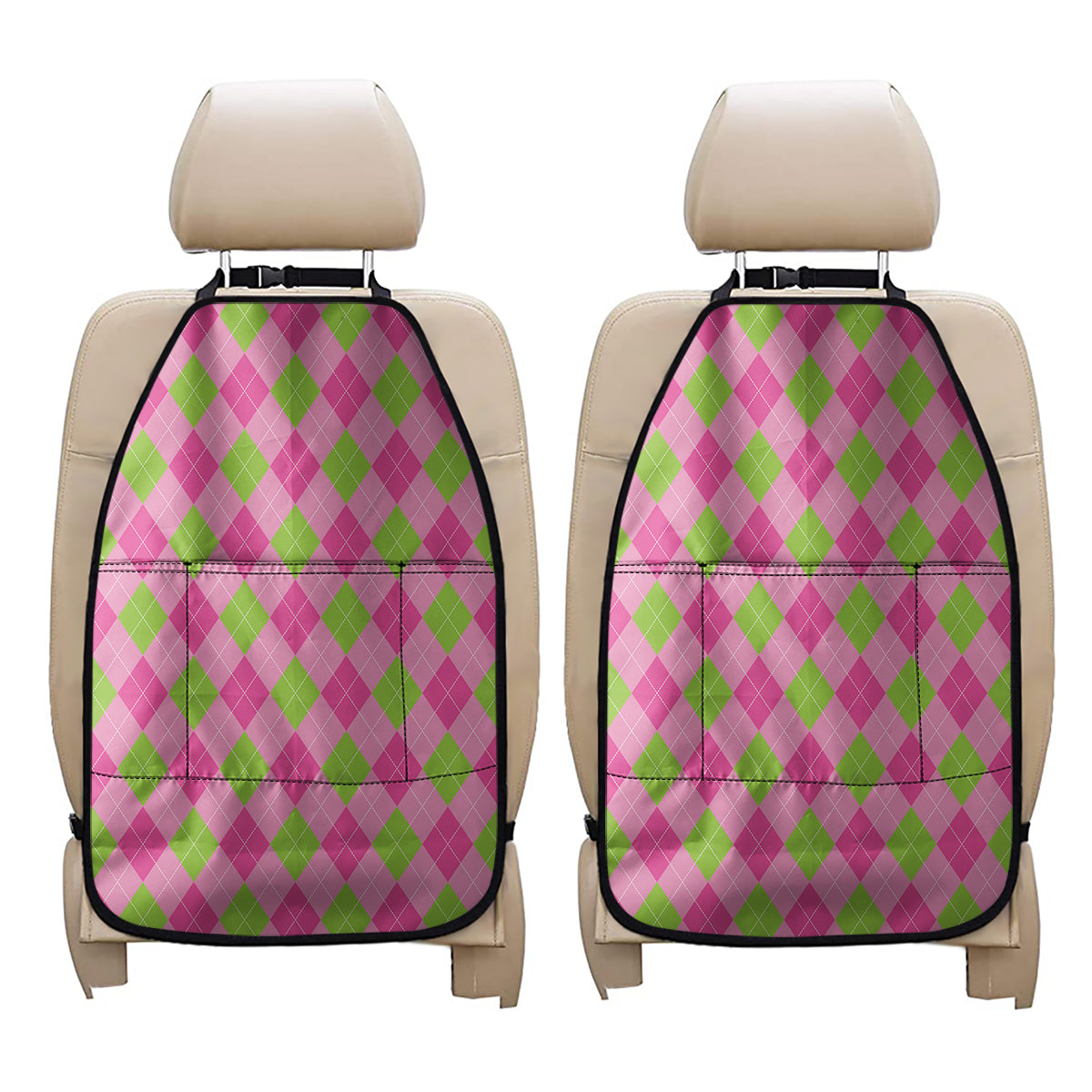 Green And Pink Argyle Pattern Print Car Seat Organizers