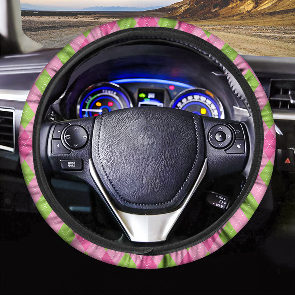 Green And Pink Argyle Pattern Print Car Steering Wheel Cover