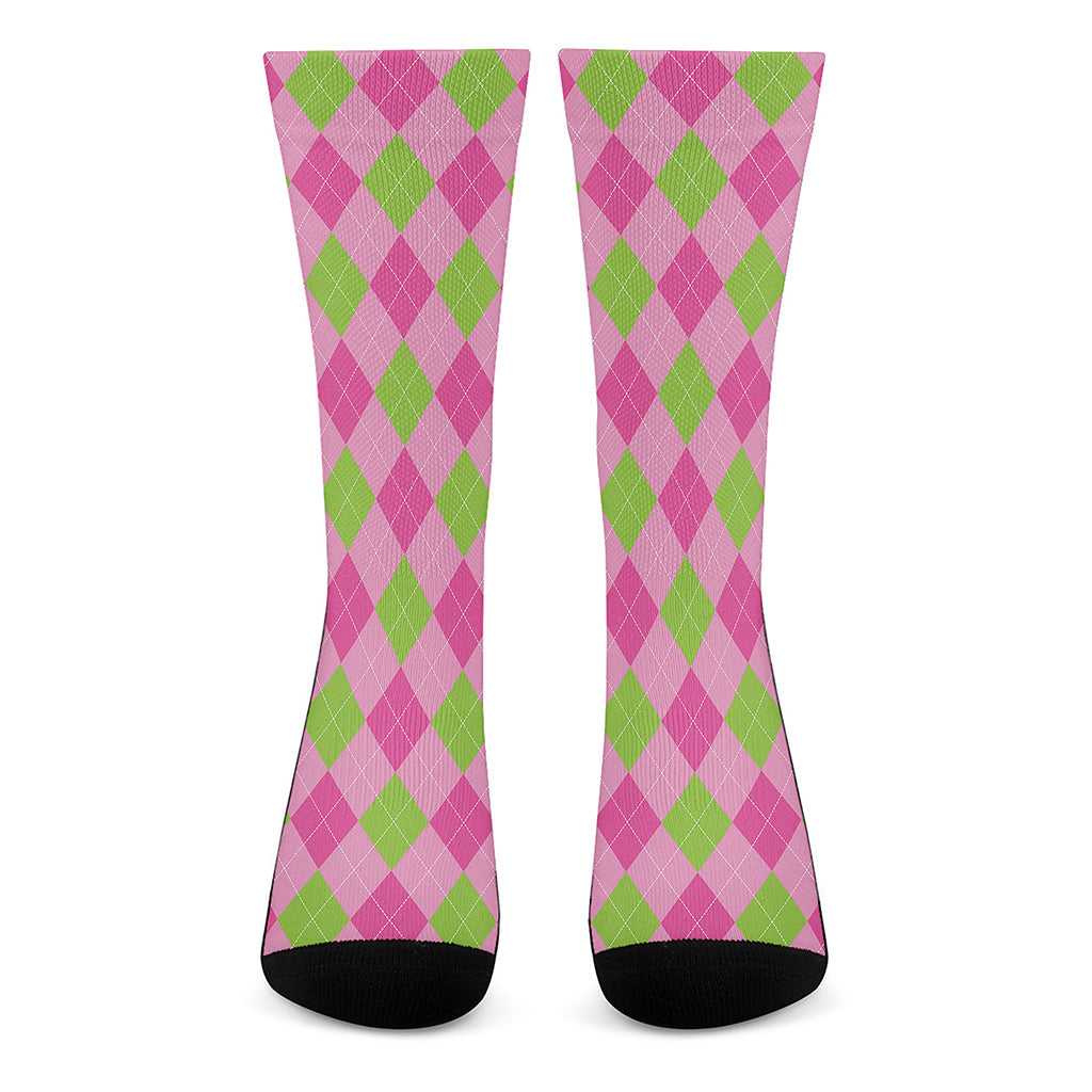 Green And Pink Argyle Pattern Print Crew Socks
