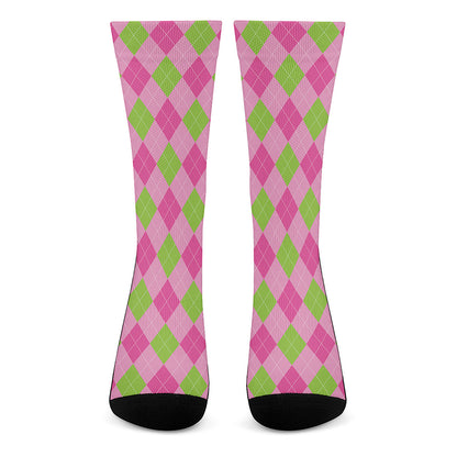 Green And Pink Argyle Pattern Print Crew Socks