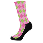 Green And Pink Argyle Pattern Print Crew Socks