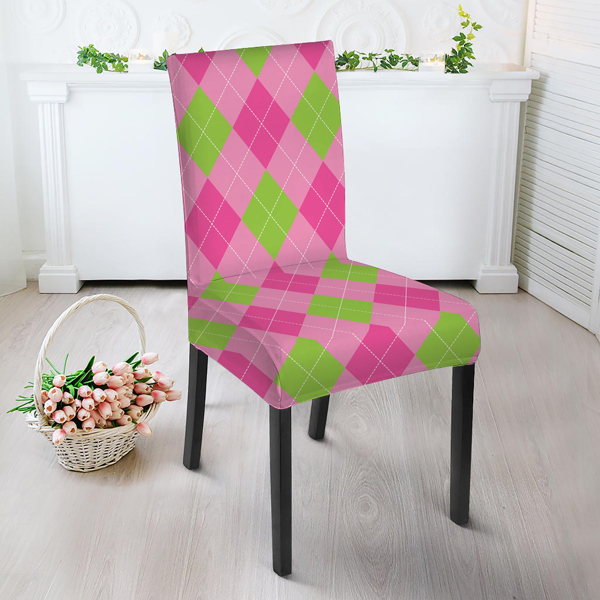 Green And Pink Argyle Pattern Print Dining Chair Slipcover