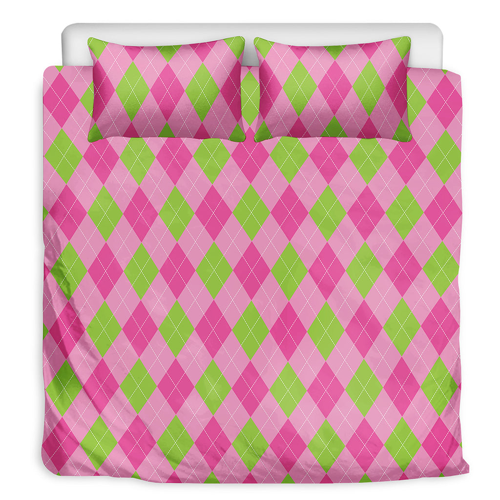 Green And Pink Argyle Pattern Print Duvet Cover Bedding Set