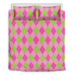 Green And Pink Argyle Pattern Print Duvet Cover Bedding Set