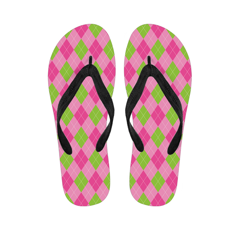 Green And Pink Argyle Pattern Print Flip Flops