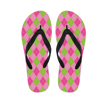 Green And Pink Argyle Pattern Print Flip Flops