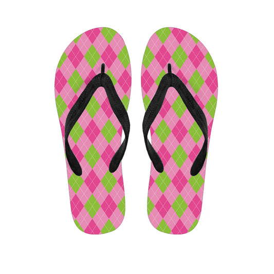 Green And Pink Argyle Pattern Print Flip Flops