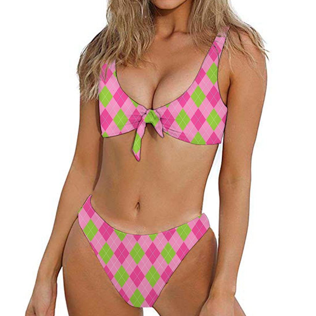 Green And Pink Argyle Pattern Print Front Bow Tie Bikini
